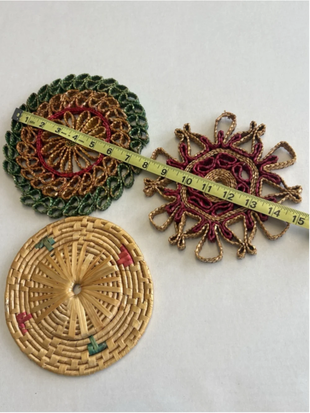 Lot of 3 VTG Wicker Straw Hot Pad Trivet Woven Rattan Raffia Wall Decor